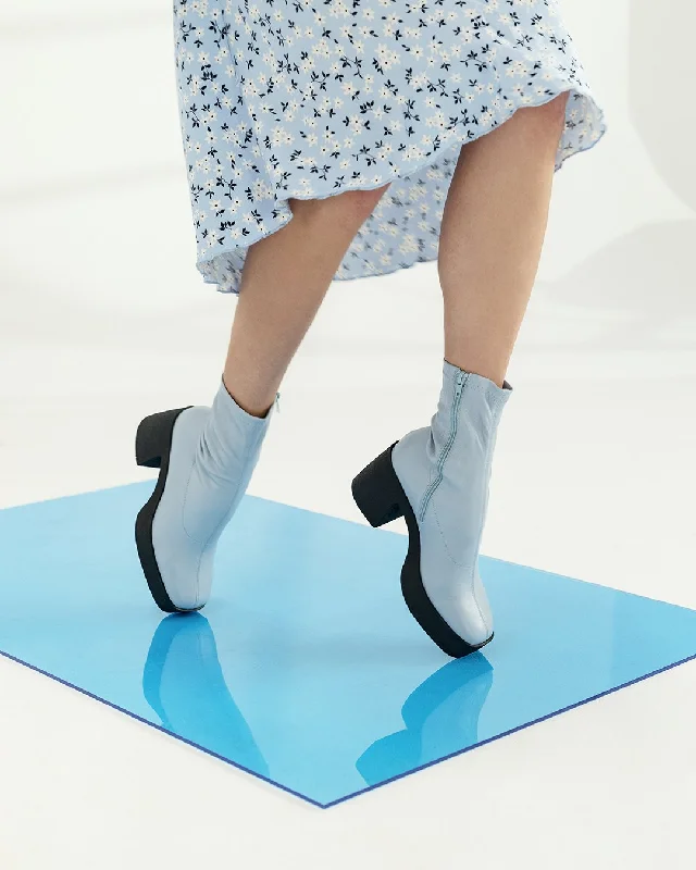 Umi Pastel Blue Stretch Leather Chunky Ankle Boots