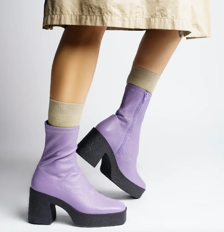 Umi Pastel Lilac Stretch Leather Chunky Ankle Boots