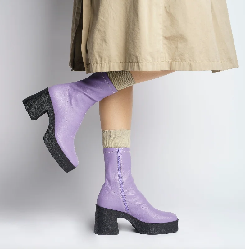 Umi Pastel Lilac Stretch Leather Chunky Ankle Boots