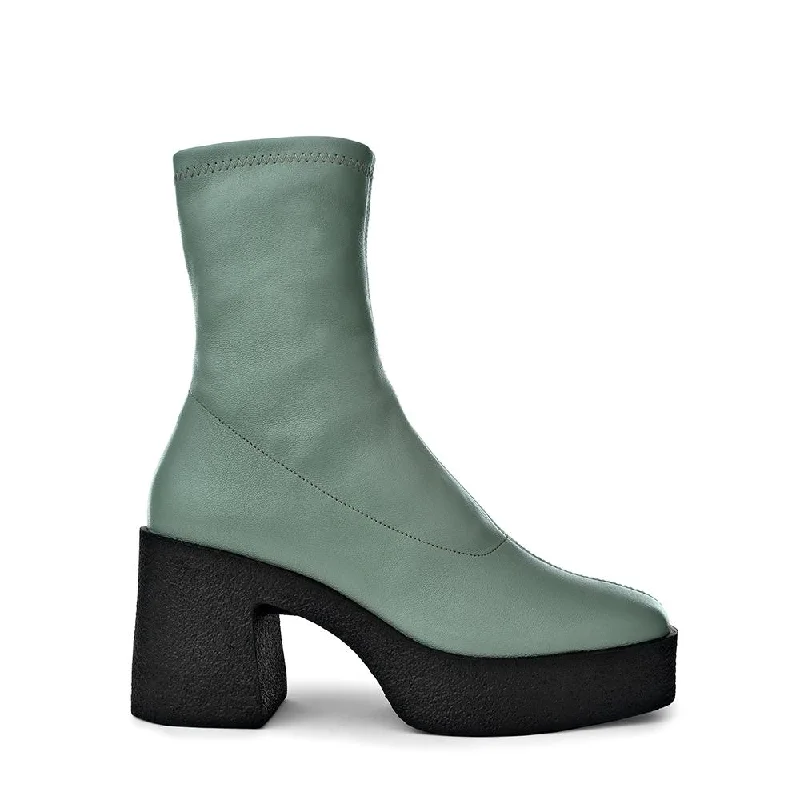 Umi Sage Green Stretch Leather Chunky Ankle Boots