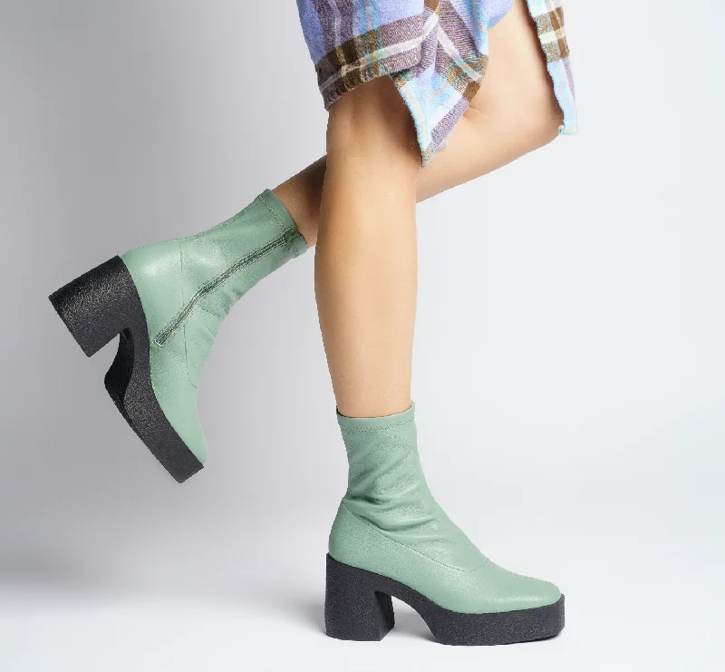 Umi Sage Green Stretch Leather Chunky Ankle Boots