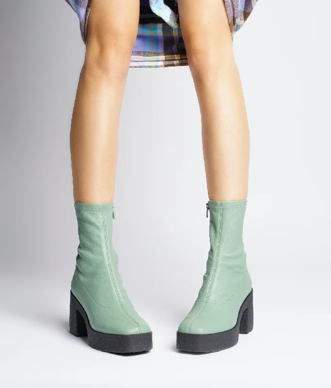 Umi Sage Green Stretch Leather Chunky Ankle Boots