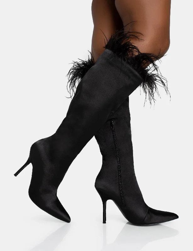 Baddie Black Satin Feather Pointed Court Stiletto Knee High Boots