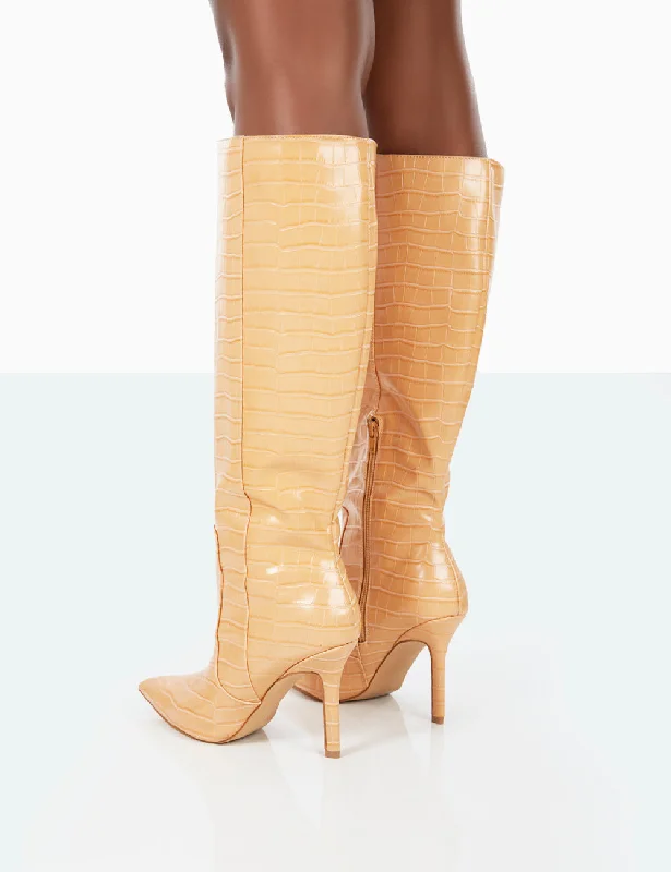 Best Believe Caramel Croc Pointed Toe Stiletto Heeled Knee High Boots