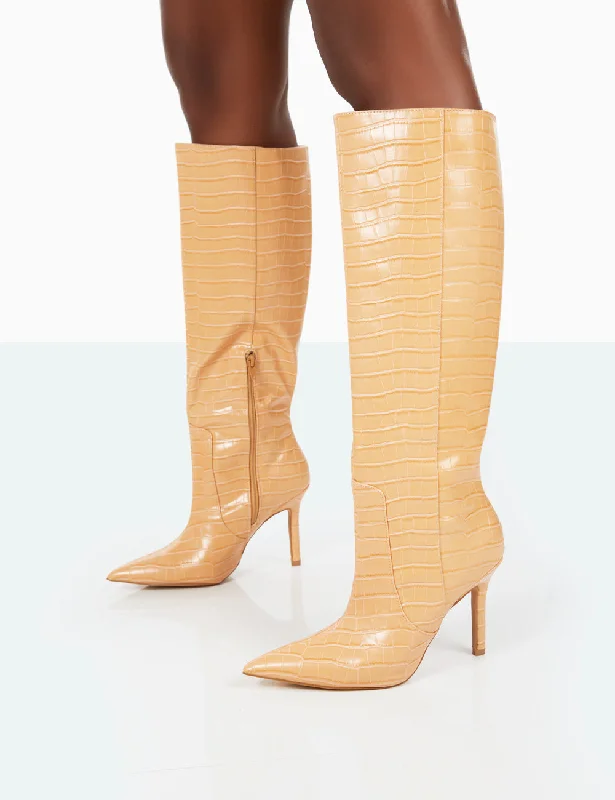 Best Believe Caramel Croc Pointed Toe Stiletto Heeled Knee High Boots