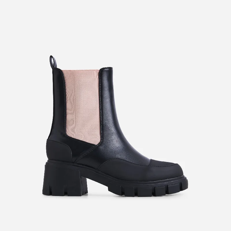 Bianca Chunky Sole Pink Side Panel Detail Ankle Chelsea Biker Boot In Black Faux Leather