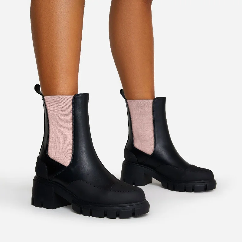 Bianca Chunky Sole Pink Side Panel Detail Ankle Chelsea Biker Boot In Black Faux Leather