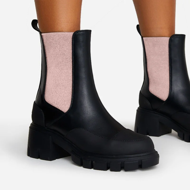 Bianca Chunky Sole Pink Side Panel Detail Ankle Chelsea Biker Boot In Black Faux Leather