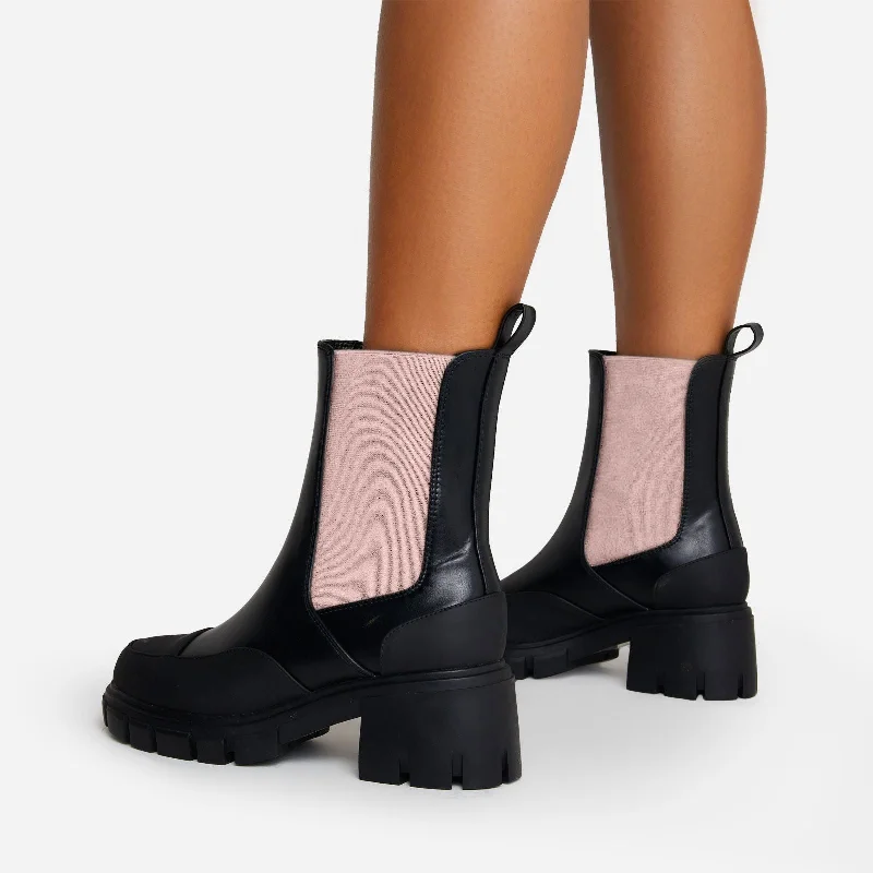 Bianca Chunky Sole Pink Side Panel Detail Ankle Chelsea Biker Boot In Black Faux Leather