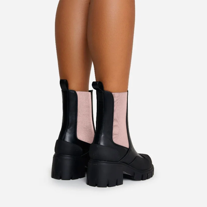 Bianca Chunky Sole Pink Side Panel Detail Ankle Chelsea Biker Boot In Black Faux Leather