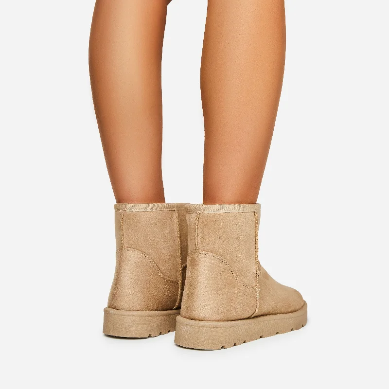 Blogger Faux Fur Lining Chunky Sole Mini Ankle Boot In Beige Nude Faux Suede