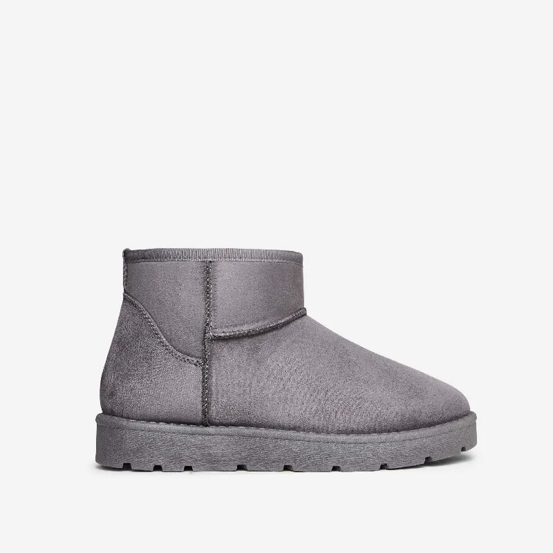 Blogger Faux Fur Lining Chunky Sole Mini Ankle Boot In Grey Faux Suede