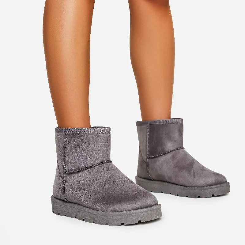 Blogger Faux Fur Lining Chunky Sole Mini Ankle Boot In Grey Faux Suede