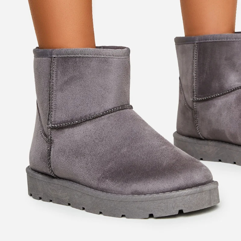 Blogger Faux Fur Lining Chunky Sole Mini Ankle Boot In Grey Faux Suede