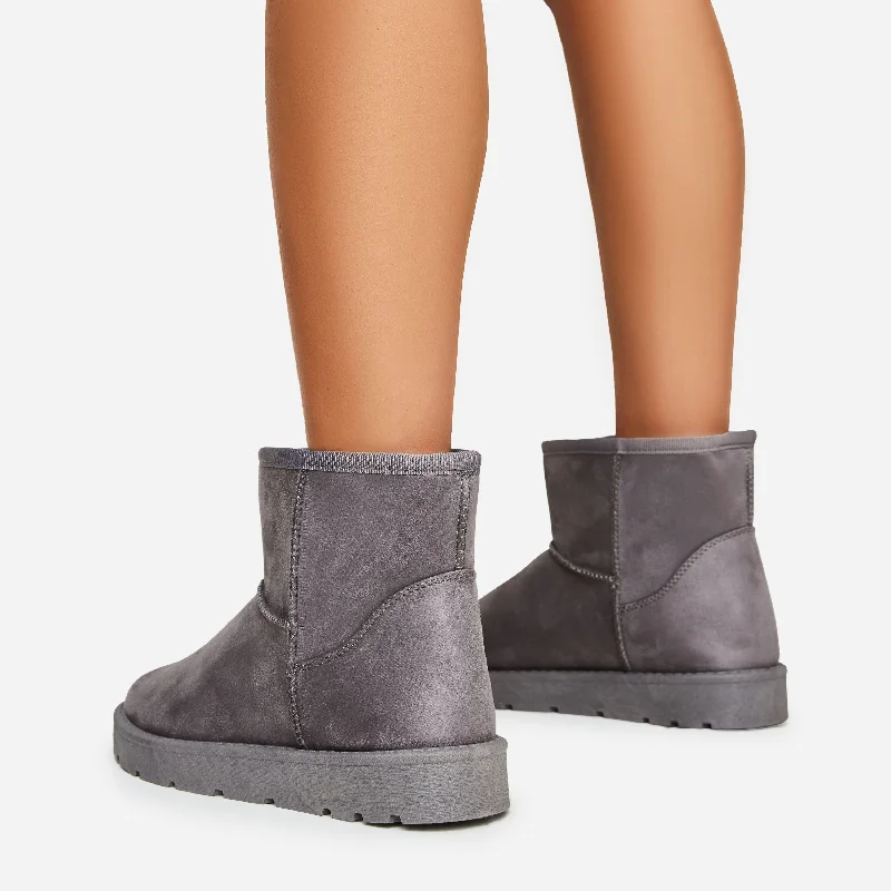 Blogger Faux Fur Lining Chunky Sole Mini Ankle Boot In Grey Faux Suede