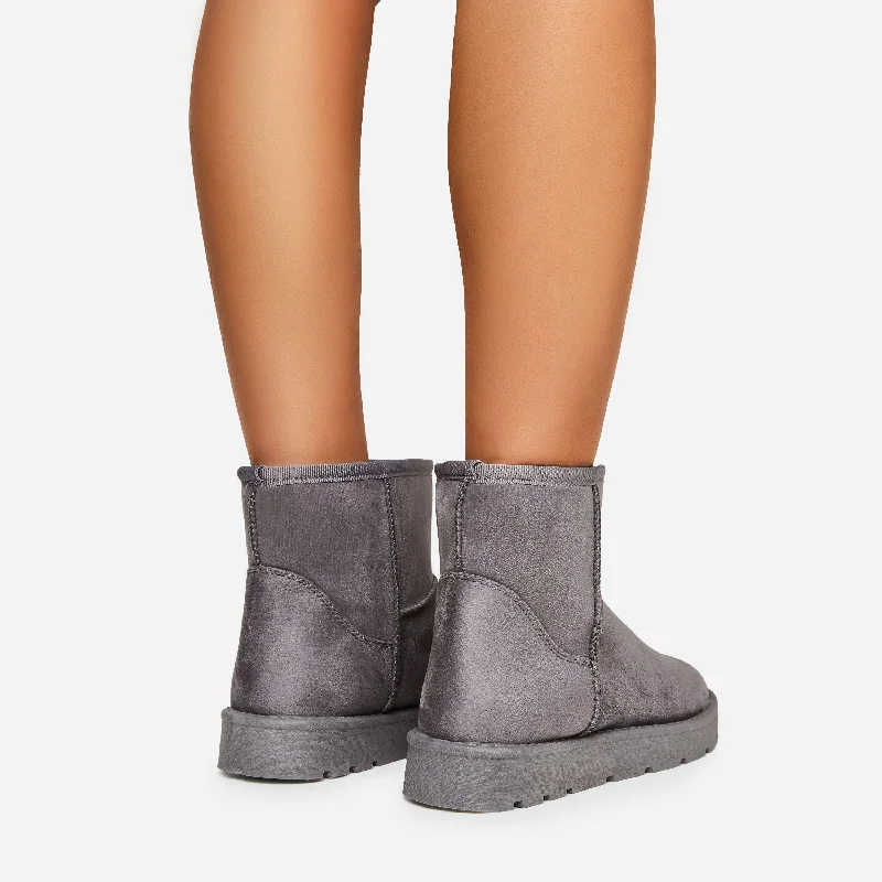 Blogger Faux Fur Lining Chunky Sole Mini Ankle Boot In Grey Faux Suede