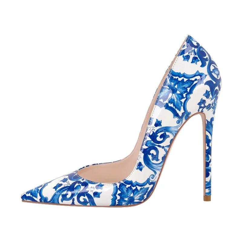 Blue and White Pattern Pointed Toe Pumps