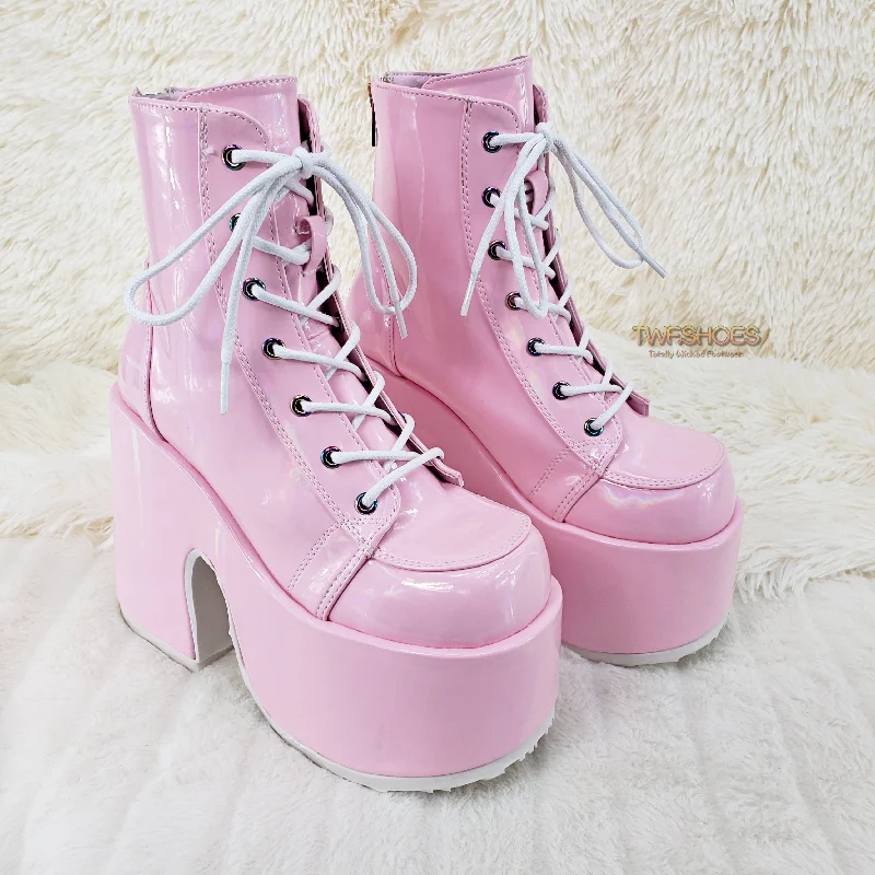 Camel 203 Pink Hologram Lace Up Goth Platform Ankle Boot  - Demonia Direct