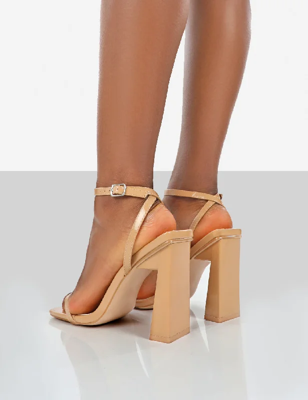 Charlotte Camel Patent Square Toe Strappy Block Heels