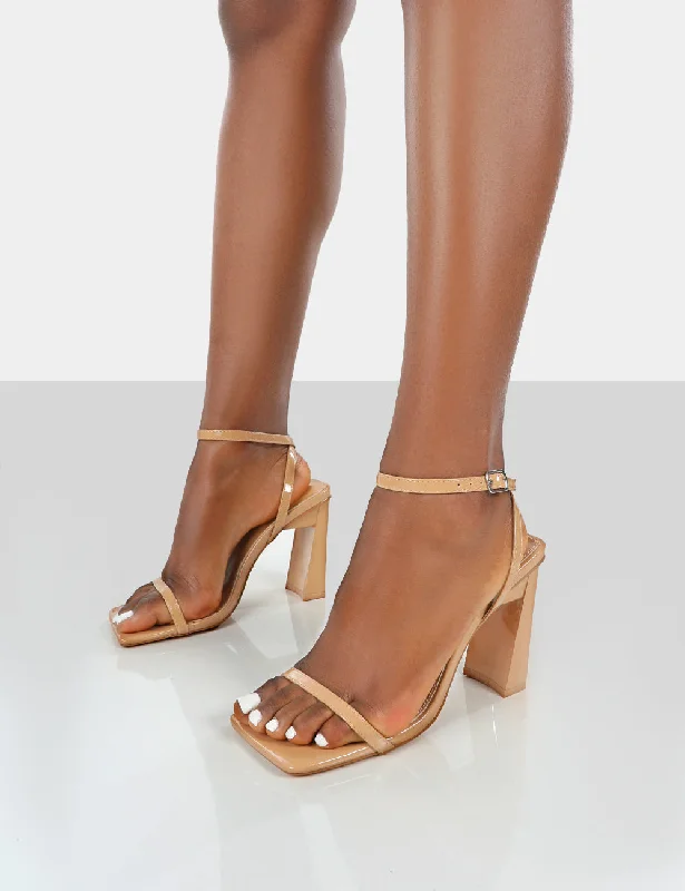 Charlotte Camel Patent Square Toe Strappy Block Heels