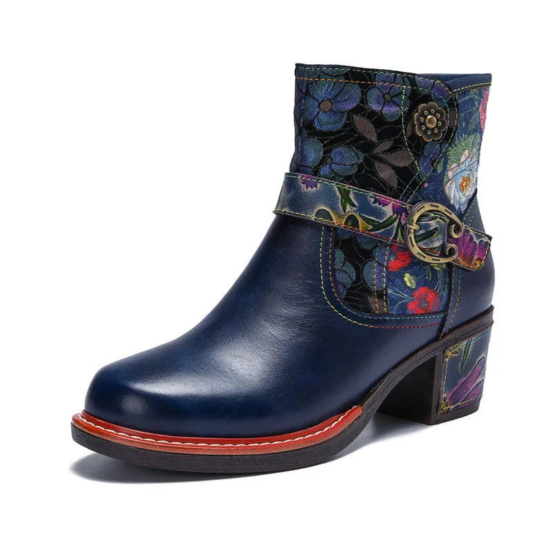 CrazycatZ Womens  Boots Floral Block Heel Leather Western Boots Colorful Leather Boots Navy