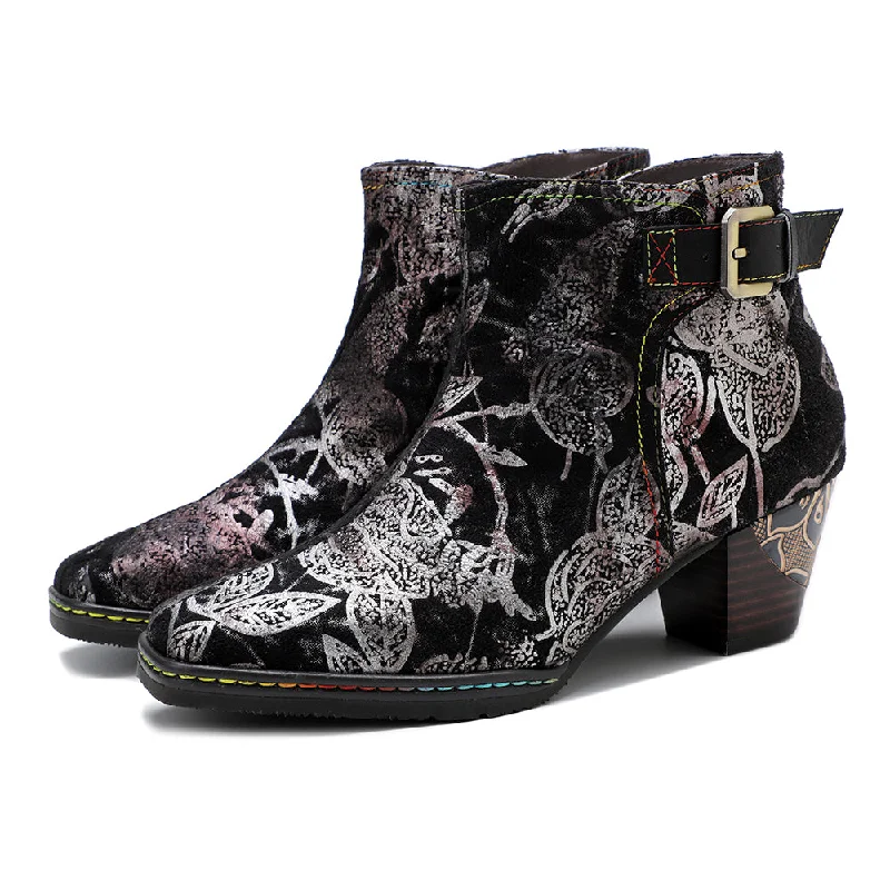 CrazycatZ Womens Leather Ankle Boots Bohemian Block Heel Colorful Patterned Leather Boots