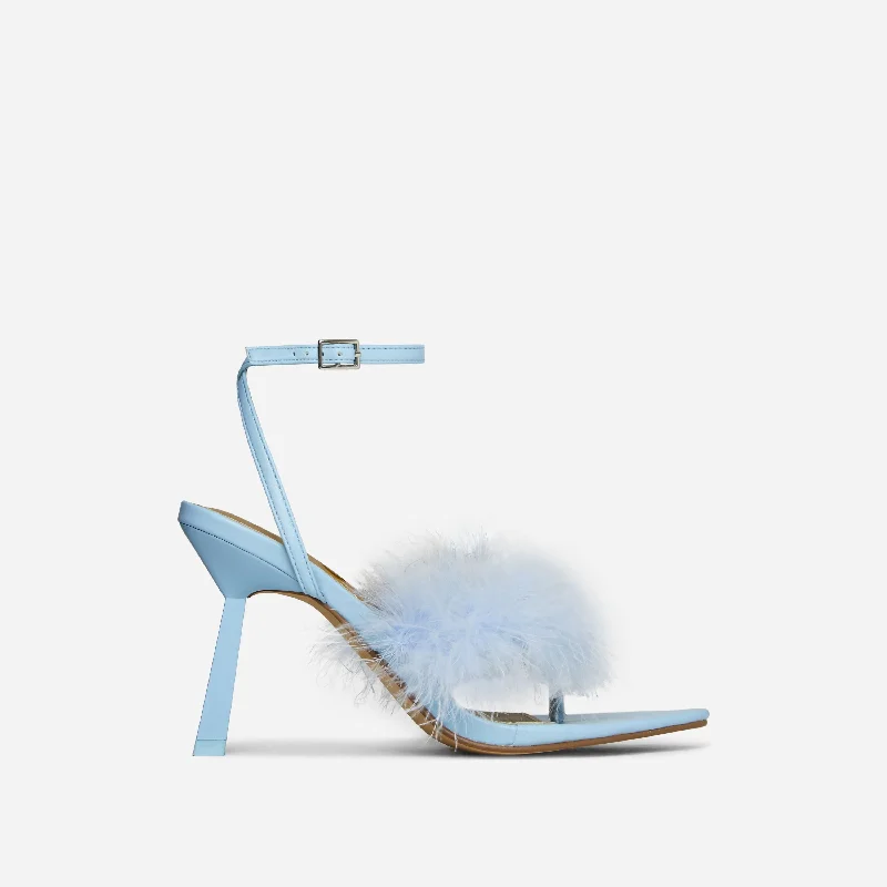 Edna Fluffy Faux Feather Detail Pointed Toe Slanted Heel In Light Blue Faux Leather