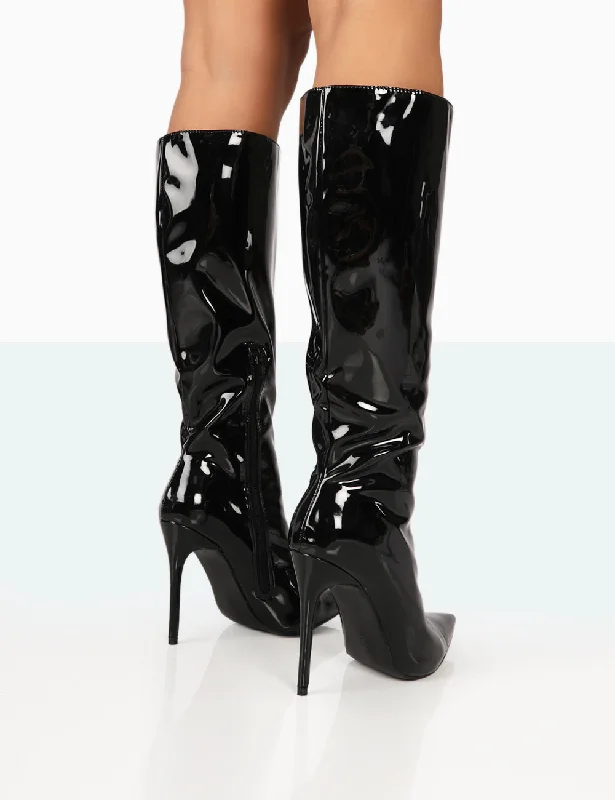 Horizon Black Patent Stiletto Knee High Pointed Heeled Boots