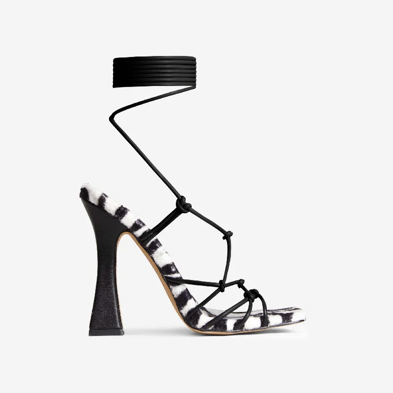 Lemme-Know Lace Up Zebra Print Faux Fur Insole Square Toe Flared Block Heel In Black Faux Leather