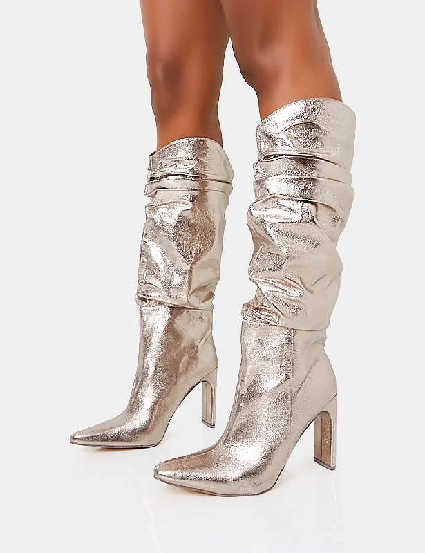 Manhattan Pewter Pointed Toe Knee High Narrow Block Heel Boots