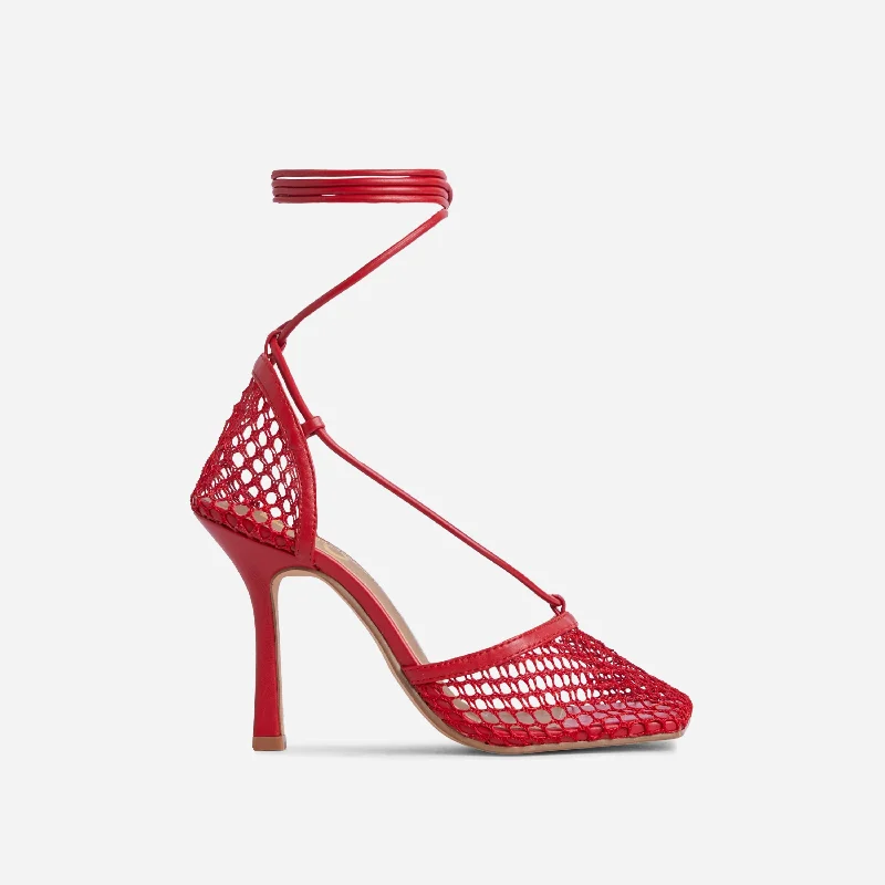 New-Me Lace Up Square Toe Court Heel In Red Fishnet