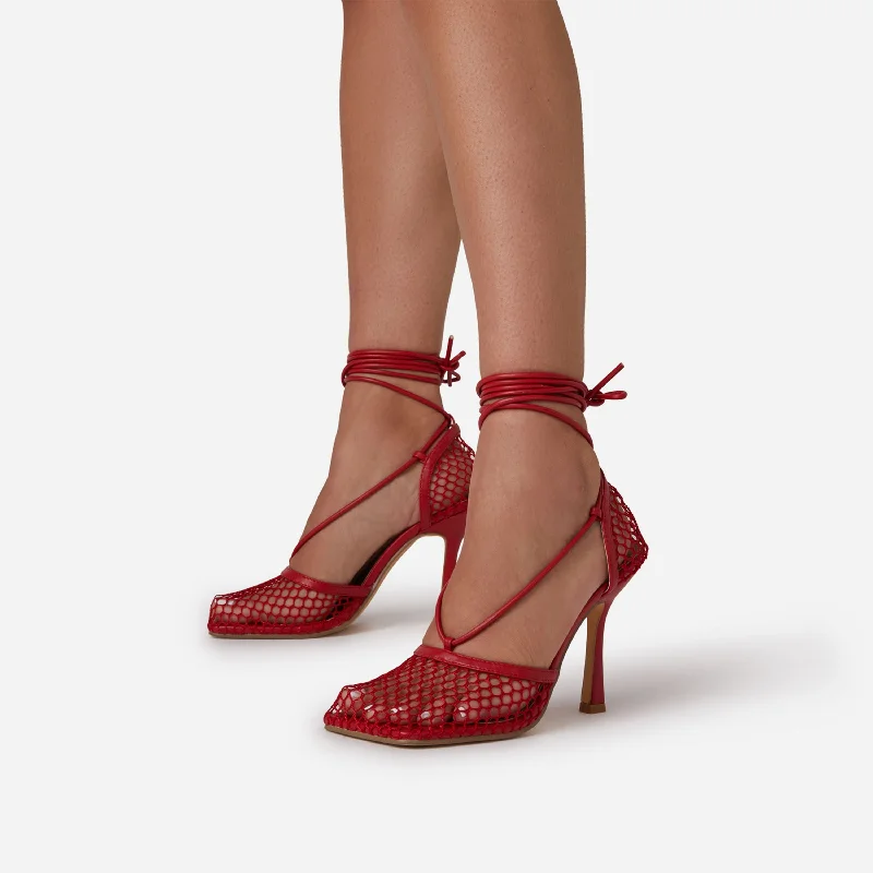 New-Me Lace Up Square Toe Court Heel In Red Fishnet