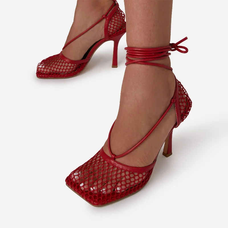 New-Me Lace Up Square Toe Court Heel In Red Fishnet