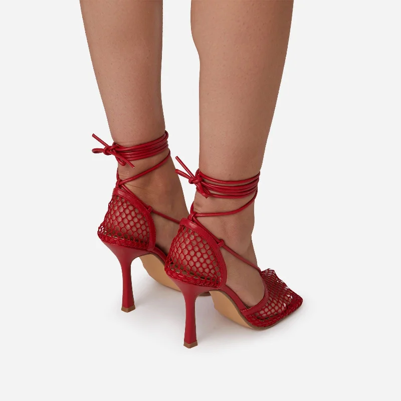 New-Me Lace Up Square Toe Court Heel In Red Fishnet