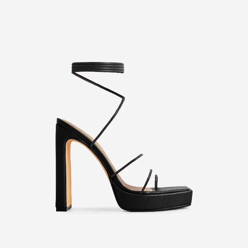 Portico Lace Up Strappy Platform Thin Block Heel In Black Faux Leather