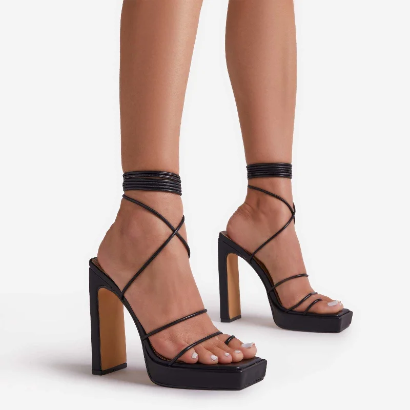 Portico Lace Up Strappy Platform Thin Block Heel In Black Faux Leather