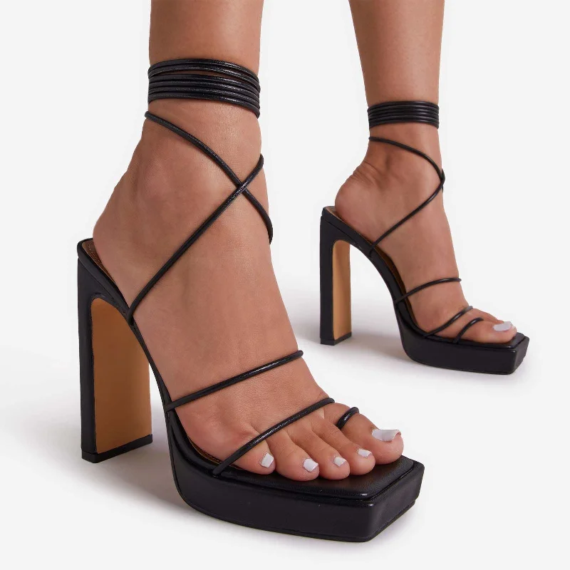 Portico Lace Up Strappy Platform Thin Block Heel In Black Faux Leather