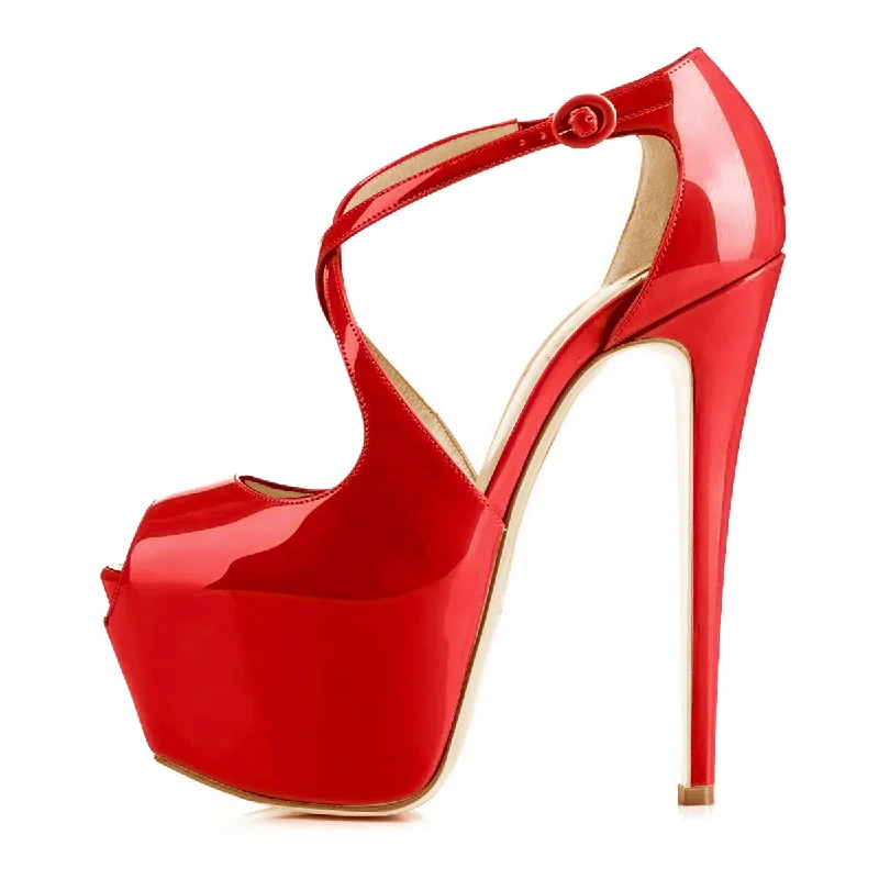 Red Cross Strap Platform Pumps Sky High Heels