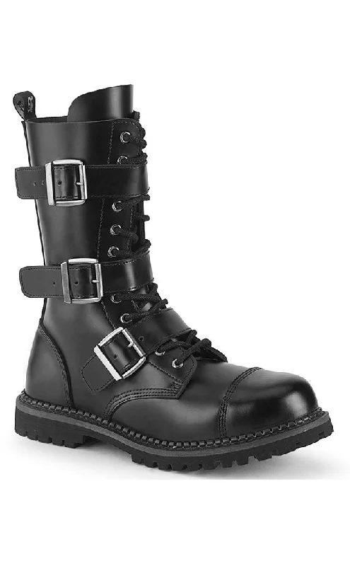 RIOT-12BK Black Leather Combat Ankle Boots