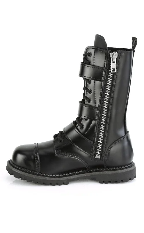 RIOT-12BK Black Leather Combat Ankle Boots