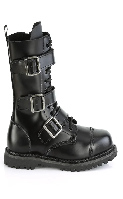 RIOT-12BK Black Leather Combat Ankle Boots