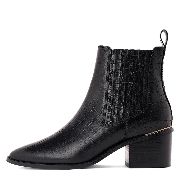 Saint Ilaria Black Croco Print Leather Ankle Boots