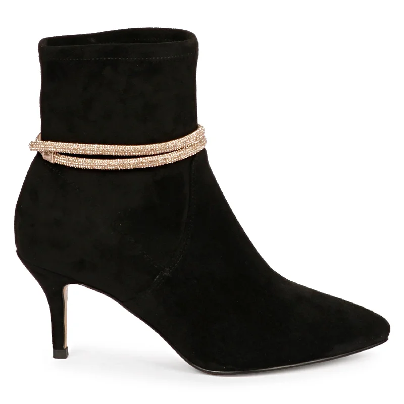 Saint Jemima Black Stretch Suede Kitten Heel Golden Cord String Ankle Boots.