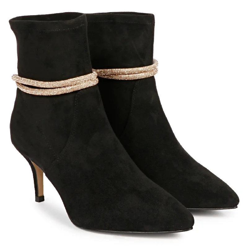 Saint Jemima Black Stretch Suede Kitten Heel Golden Cord String Ankle Boots.