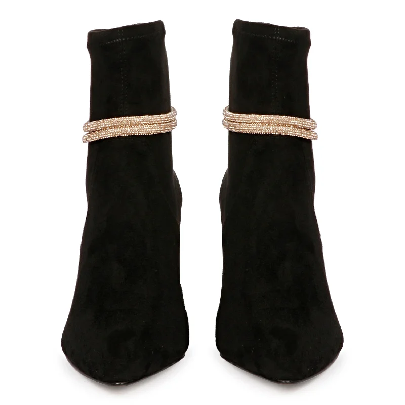 Saint Jemima Black Stretch Suede Kitten Heel Golden Cord String Ankle Boots.