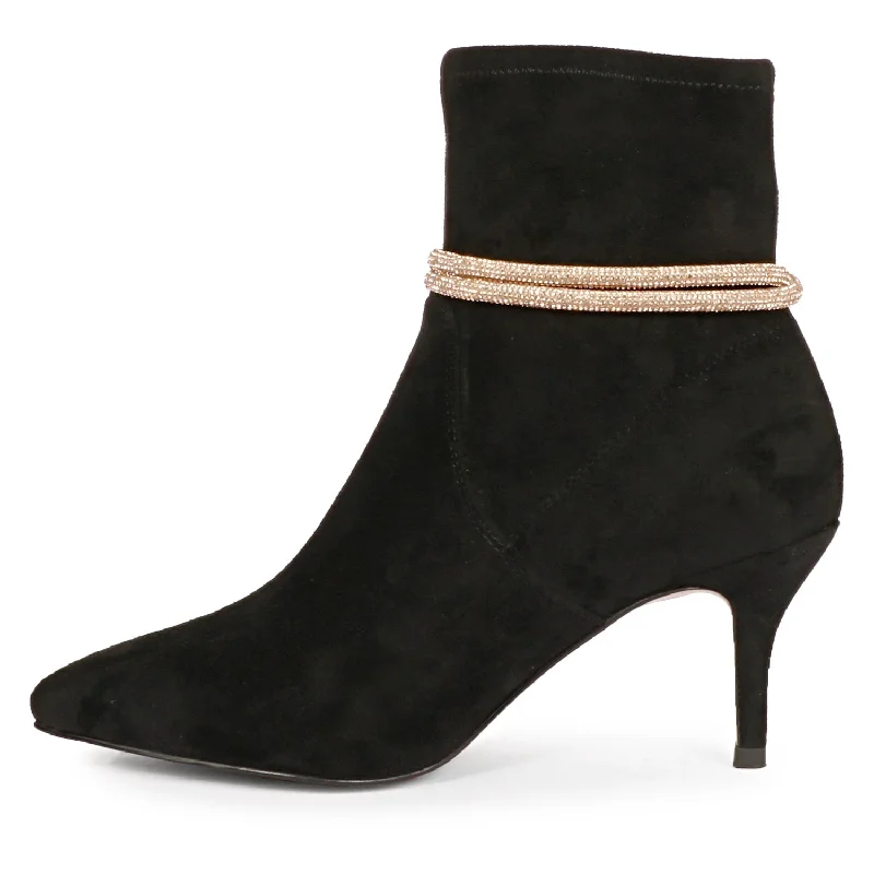 Saint Jemima Black Stretch Suede Kitten Heel Golden Cord String Ankle Boots.