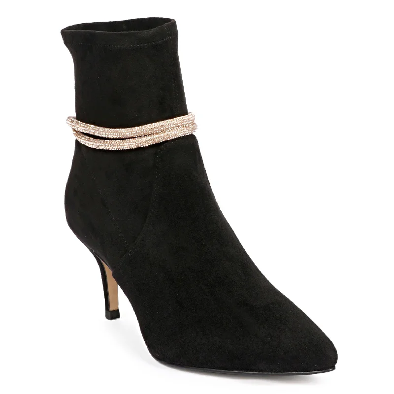 Saint Jemima Black Stretch Suede Kitten Heel Golden Cord String Ankle Boots.