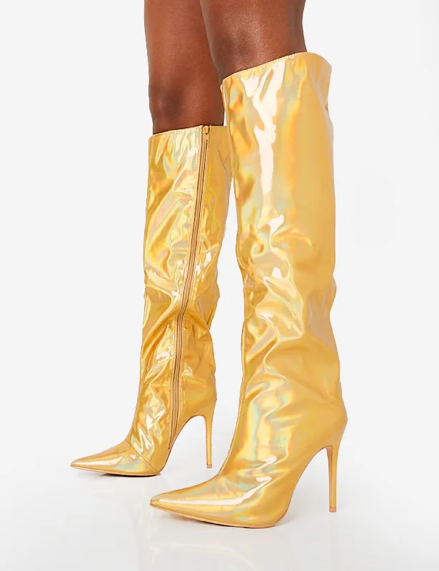 Tai Wide Fit Gold Metallic Pointed Toe Stiletto Knee High Boots