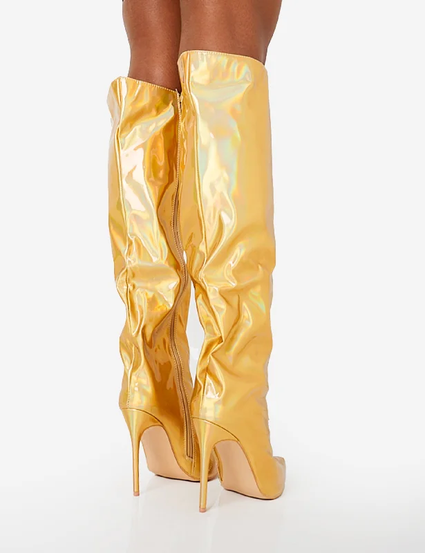 Tai Wide Fit Gold Metallic Pointed Toe Stiletto Knee High Boots