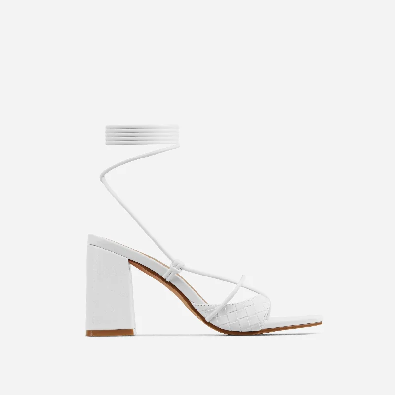 Take-Off Lace Up Square Toe Low Block Heel In White Faux Leather